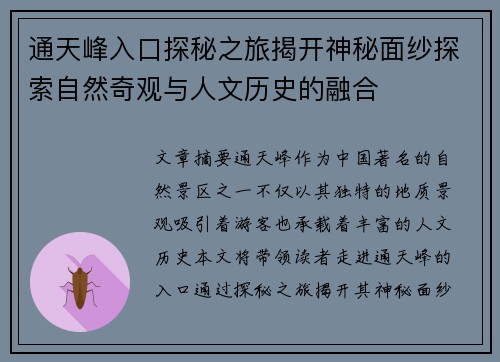 通天峰入口探秘之旅揭开神秘面纱探索自然奇观与人文历史的融合