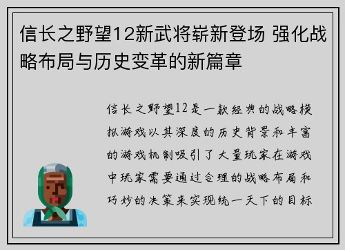 信长之野望12新武将崭新登场 强化战略布局与历史变革的新篇章